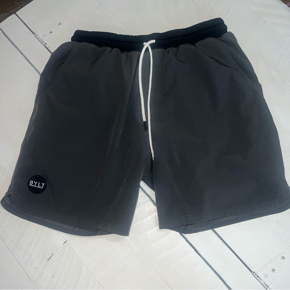 BYLT Basics Gray and Green Athletic Shorts with Elastic Waistband
